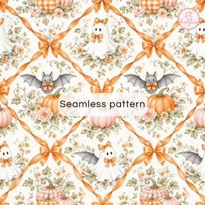 Carta digitale Coquette Halloween | Motivo senza soluzione di continuità con simpatici fantasmi e zucche | Carta per scrapbooking con fiocchi rosa e arancioni