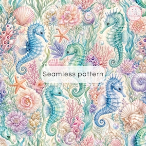 May include: A seamless pattern featuring watercolor illustrations of blue and green seahorses, pink and purple coral, seashells, starfish, and flowers on a cream background. The text "Seamless pattern" is centered in a white box.
