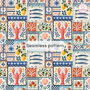 May include: A seamless pattern featuring a Mediterranean-inspired tile design with illustrations of lobsters, lemons, sardines, olives, seashells, and tomatoes in shades of blue, red, yellow, and green, with the text Seamless pattern.