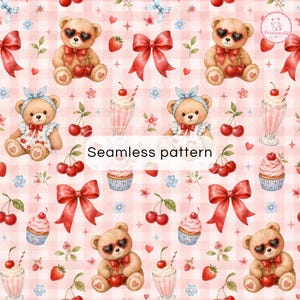 May include: A seamless pattern featuring brown teddy bears wearing heart-shaped sunglasses, red bows, cherries, cupcakes, and milkshakes on a light pink gingham background. The text Seamless pattern is centered in the middle of the image.