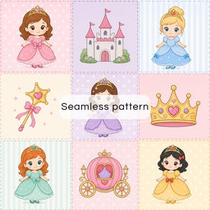 May include: A seamless pattern featuring cartoon illustrations of princesses in colorful gowns, a pink castle, a star-shaped wand with a pink ribbon, a gold crown with a heart, and a pink carriage. The text Seamless pattern is centered.