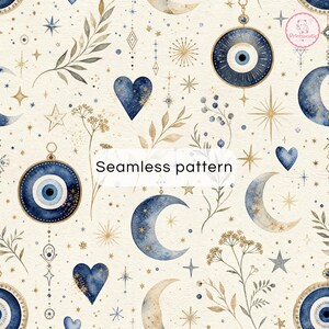 May include: A seamless pattern featuring watercolor illustrations of blue evil eye charms, crescent moons, hearts, and gold stars on a cream background. The design includes delicate botanical sprigs and the text Seamless pattern.