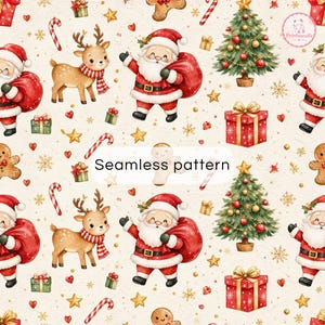 May include: A seamless Christmas pattern featuring illustrations of Santa Claus carrying a red sack, reindeer with striped scarves, decorated pine trees, gift boxes, candy canes, gingerbread cookies, gold stars, and small red hearts.