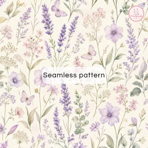 Könnte beinhalten: Ein nahtloses Muster mit Aquarellillustrationen von Lavendelzweigen, verschiedenen Wildblumen und Schmetterlingen in Lila-, Rosa- und Grüntönen auf cremefarbenem Hintergrund. Der Text "Seamless pattern" ist mittig im Bild platziert.