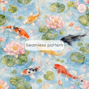 May include: A watercolor seamless pattern featuring orange, white, and black koi fish swimming among pink lotus flowers and green lily pads on a blue water background. The text "Seamless pattern" is centered in a white rectangular overlay.