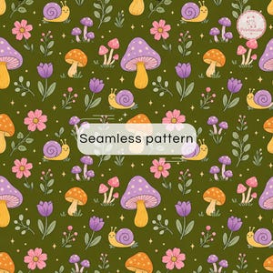 May include: A seamless pattern on a dark olive green background featuring repeating illustrations of purple snails, orange and purple mushrooms, pink flowers, and purple tulips, with small yellow stars and the text Seamless pattern.