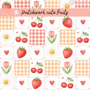 Pode incluir: Um padrão repetitivo com ilustrações em aquarela de morangos, cerejas, margaridas, tulipas e corações. O design inclui padrões xadrez e quadrados com o texto "patchwork cute fruits".