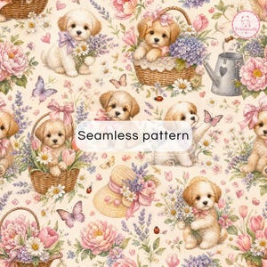 May include: A seamless pattern featuring light-colored puppies, wicker baskets, pink and purple flowers, butterflies, ladybugs, and a metal watering can on a cream background. The text "Seamless pattern" is centered in the middle of the image.