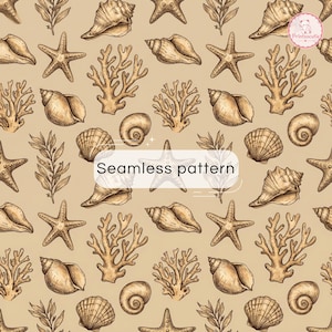 May include: A seamless pattern featuring hand-drawn illustrations of various seashells, starfish, coral, and seaweed in shades of brown on a light tan background. A white rectangular label in the center displays the text Seamless pattern.