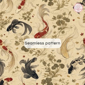 May include: A seamless pattern featuring koi fish in red, black, and gold tones swimming among aquatic plants on a beige background. The design includes detailed line art of fish and foliage, with the text Seamless pattern centered.