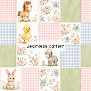 May include: A seamless pattern featuring a grid of squares with illustrations of a brown horse, a yellow duckling, a grey donkey, and a brown rabbit, interspersed with pink and blue gingham, green polka dots, and floral motifs with the text Seamless pattern.