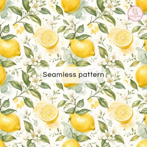 Pode incluir: Um padrão contínuo com limões amarelos, folhas verdes e flores brancas sobre um fundo branco com suaves manchas de aguarela amarela e verde. O texto Seamless pattern está impresso no centro e um pequeno logótipo encontra-se no canto.