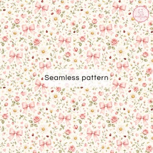 Digitaal papier met bloemenmotief | Naadloos patroon met roze strik | Cottagecore scrapbookpapier | Printbare aquarelrozen