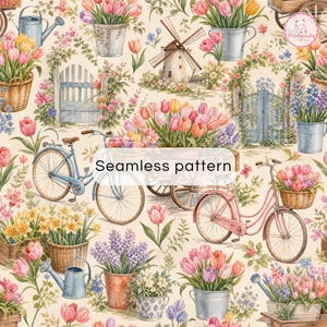 Pode incluir: Um padrão contínuo com uma ilustração em estilo aguarela de bicicletas, moinhos de vento, portões de jardim, regadores e cestos cheios de tulipas coloridas e flores de primavera num fundo creme com o texto Seamless pattern.