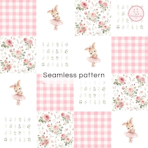 Bunny Ballerina Patchwork Digital Paper | Watercolor Rabbit Seamless Pattern | Pink Floral Gingham Scrapbook Paper