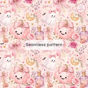 May include: A seamless pattern featuring a light pink background with repeating illustrations of smiling ghosts wearing pink bows, pink pumpkins with bows, crescent moons, perfume bottles, roses, daisies, and small bats. The text Seamless pattern is centered.