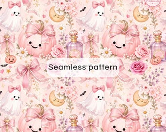 Rosa Halloween-lapptäcke digitalt papper | Coquette spöke och pumpa sömlöst mönster | Kawaii scrapbookingpapper
