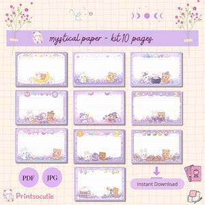 Puede incluir: Un conjunto de diez páginas de papel místico en un suave tono lila, cada una adornada con ilustraciones caprichosas de osos, conejos y elementos celestiales. El texto "mystical paper - kit 10 pages" está presente.