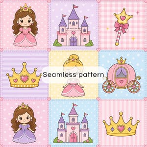 Puede incluir: Un patrón continuo con una cuadrícula de ilustraciones que incluye princesas con vestidos rosas y morados, un castillo rosa, una corona dorada con corazones, una varita en forma de estrella con un lazo rosa y un carruaje rosa sobre fondos pastel.