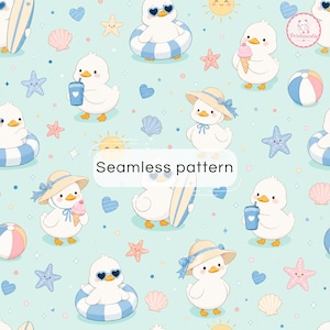 Cute Summer Duck Seamless Pattern | Beach Duck Digital Paper | Kawaii Coastal Seamless Background | Baby Duck Summer Scrapbook Paper