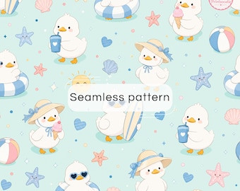 Schattig zomer eendje naadloos patroon | Strand eend digitaal papier | Kawaii kust naadloze achtergrond | Baby eendje zomer scrapbookpapier