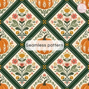 May include: A seamless pattern featuring a repeating diamond grid with dark green borders and white dotted lines. The design alternates between orange pumpkins with white leaf accents and symmetrical floral arrangements in pink, yellow, and green.