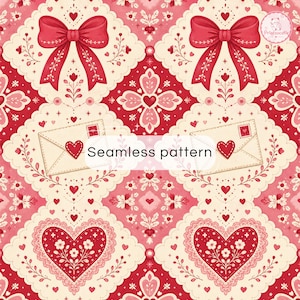 May include: A seamless pattern featuring a repeating design of red bows, cream-coloured envelopes with red heart seals, and large red hearts decorated with white floral motifs, all set against a vibrant red background with small white stars.