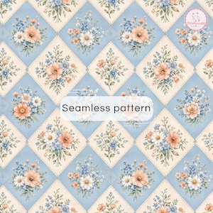 Pode incluir: Um padrão sem costuras com um design de grelha de diamantes repetitivos. Cada diamante contém um ramo floral com flores cor de pêssego, brancas e azuis sobre um fundo creme, alternando com diamantes azul-claros. O texto Seamless pattern é visível.