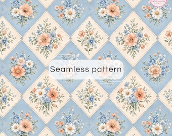 Pode incluir: Um padrão sem costuras com um design de grelha de diamantes repetitivos. Cada diamante contém um ramo floral com flores cor de pêssego, brancas e azuis sobre um fundo creme, alternando com diamantes azul-claros. O texto Seamless pattern é visível.