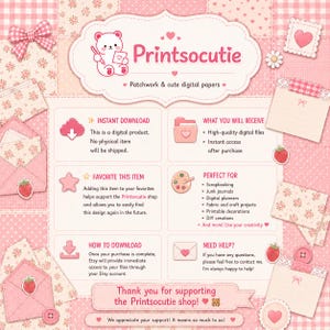 Puede incluir: Una hoja de informaci&oacute;n de producto digital con un fondo de patchwork rosa, un logotipo de oso blanco y el texto Printsocutie. El dise&ntilde;o incluye secciones para descarga instant&aacute;nea, favoritos, qu&eacute; recibir&aacute; y ayuda.