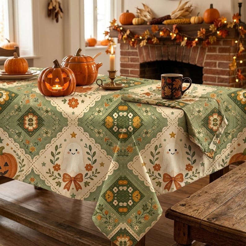 Digitalt lapptäcke för Halloween | Sömlöst mönster med spöken och pumpor | Scrapbookingpapper för höstens folkkonst bild 2