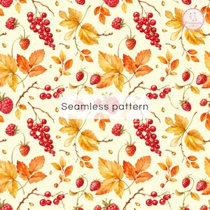 Könnte beinhalten: Ein nahtloses Muster mit Aquarellillustrationen von roten Johannisbeeren und Erdbeeren mit goldgelben Herbstblättern auf cremefarbenem Hintergrund. Der Text Seamless pattern steht zentriert in einem weißen Rechteck über dem Design.