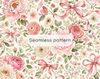 Digitaal papier met roze pioenrozen | Naadloos bloemenpatroon met strikjes | Romantisch scrapbookpapier