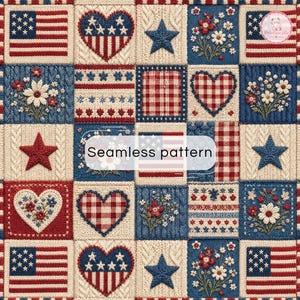 May include: A seamless pattern featuring a grid of square tiles with knitted textures. The design includes American flags, red and white gingham hearts, blue stars, and floral bouquets in red, white, and blue. The text Seamless pattern is visible.