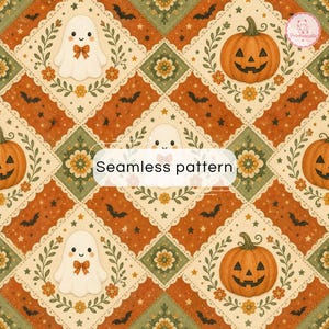Papier numérique patchwork Halloween | Motif sans couture fantôme et citrouille | Papier scrapbooking vintage automne Halloween | Fond chaleureux et effrayant