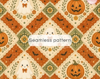 Digitalt lapptäcke för Halloween | Sömlöst mönster med spöken och pumpor | Scrapbook-papper för vintagehöst för Halloween | Mysig läskig bakgrund