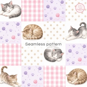 Cute Kitten Patchwork Digital Paper | Watercolor Cat Seamless Pattern | Pink Gingham Scrapbook Paper