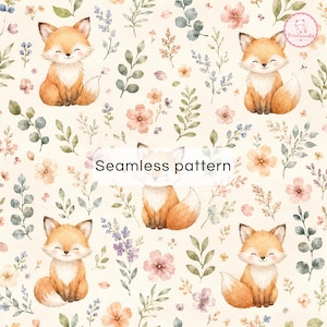 May include: A seamless pattern featuring orange and white foxes sitting among watercolor illustrations of pink flowers, green leaves, and purple sprigs on a cream background. The text Seamless pattern is centered in the middle of the image.