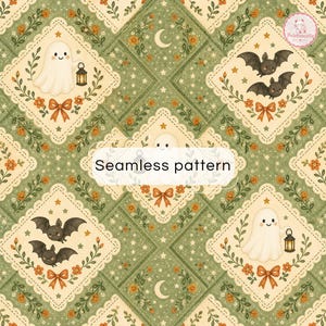 May include: A seamless pattern featuring diamond-shaped frames with scalloped edges on a green background. The frames contain illustrations of white ghosts holding lanterns or black bats, accented with orange bows, flowers, and stars. Text reads Seamless pattern.