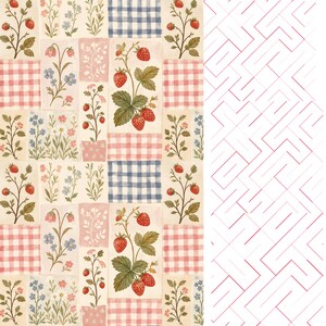 Puede incluir: Un patr&oacute;n de tela con un dise&ntilde;o de patchwork de cuadrados alternos. Los cuadrados muestran ilustraciones de fresas rojas en enredaderas verdes, cuadros vichy azules y blancos, cuadros vichy rosas y blancos y varios arreglos florales.
