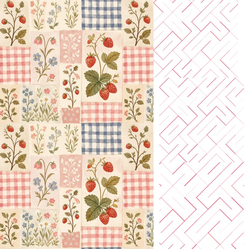 Puede incluir: Un patr&oacute;n de tela con un dise&ntilde;o de patchwork de cuadrados alternos. Los cuadrados muestran ilustraciones de fresas rojas en enredaderas verdes, cuadros vichy azules y blancos, cuadros vichy rosas y blancos y varios arreglos florales.