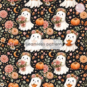 Pode incluir: Um padrão contínuo com fantasmas brancos com coroas de flores segurando buquês ou abóboras em um fundo preto. O design inclui abóboras laranjas, flores rosas e laranjas, bolotas, pequenos corações e luas crescentes. Texto: Seamless pattern.