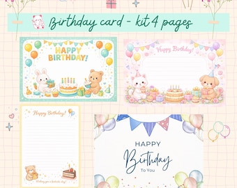 Printbare verjaardagskaartenset | Leuke Kawaii-briefpapierset | Briefpapier, envelop en verjaardagskaart