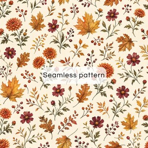 Könnte beinhalten: Ein nahtloses Muster auf cremefarbenem Hintergrund mit einem sich wiederholenden botanischen Design aus orangefarbenen Chrysanthemen, dunkelroten Kosmeen, goldenen Ahornblättern und kleinen roten Beerenclustern. Der Text Seamless pattern ist zentriert.