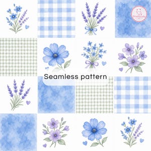 Blue Floral Patchwork Digital Paper | Watercolor Flowers Seamless Pattern | Blue Gingham Scrapbook Paper