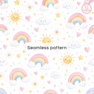 Könnte beinhalten: Ein nahtloses Muster mit Aquarellillustrationen von lächelnden Regenbögen, Sonnen, Wolken, Gänseblümchen, rosa Herzen und gelben Sternen auf weißem Grund. Der Text Seamless pattern ist mittig platziert, mit einem Logo oben rechts.