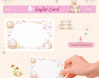 Easter Printable Stationery – Cute Kawaii Bunny Letter Paper, Pastel Easter Eggs, Instant Download