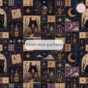 May include: A seamless fabric pattern featuring a dark blue and purple patchwork design with illustrations of black cats, spell books, crystal balls, houses, mushrooms, moons, stars, and glass potion bottles with the text Seamless pattern.