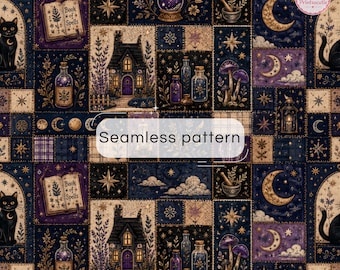 Häxigt lapptäcke digitalt papper | Celestial Cottage sömlöst mönster | Mystisk Halloween scrapbookingpapper | Mörk akademisk bakgrund