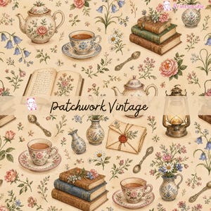 Pode incluir: Um padrão contínuo com ilustrações de bules, chávenas com pires, pilhas de livros, colheres de metal, vasos com flores, um envelope selado e uma lanterna sobre um fundo creme com o texto patchwork Vintage no centro.